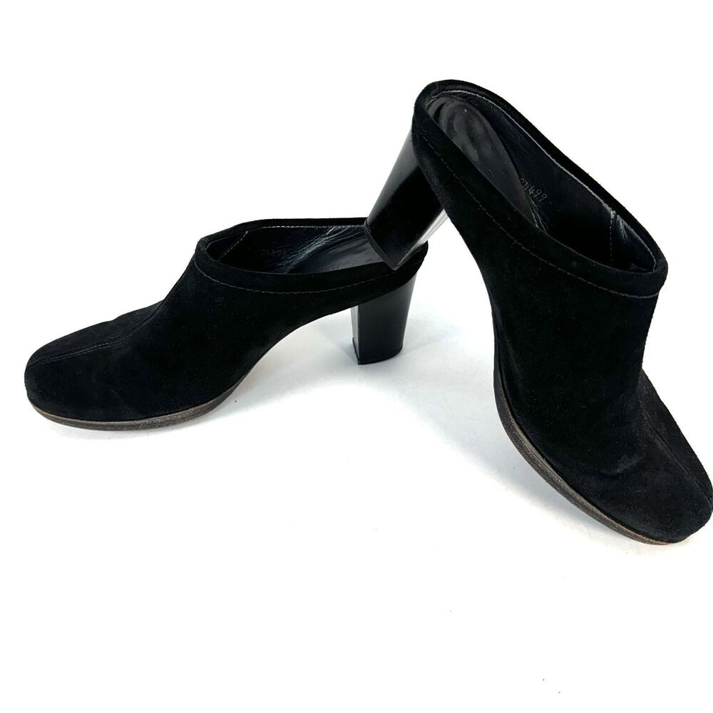 LA CANADIENNE Montreal Black Suede Platform Heels Open Back Mule Shoes Size 7.5